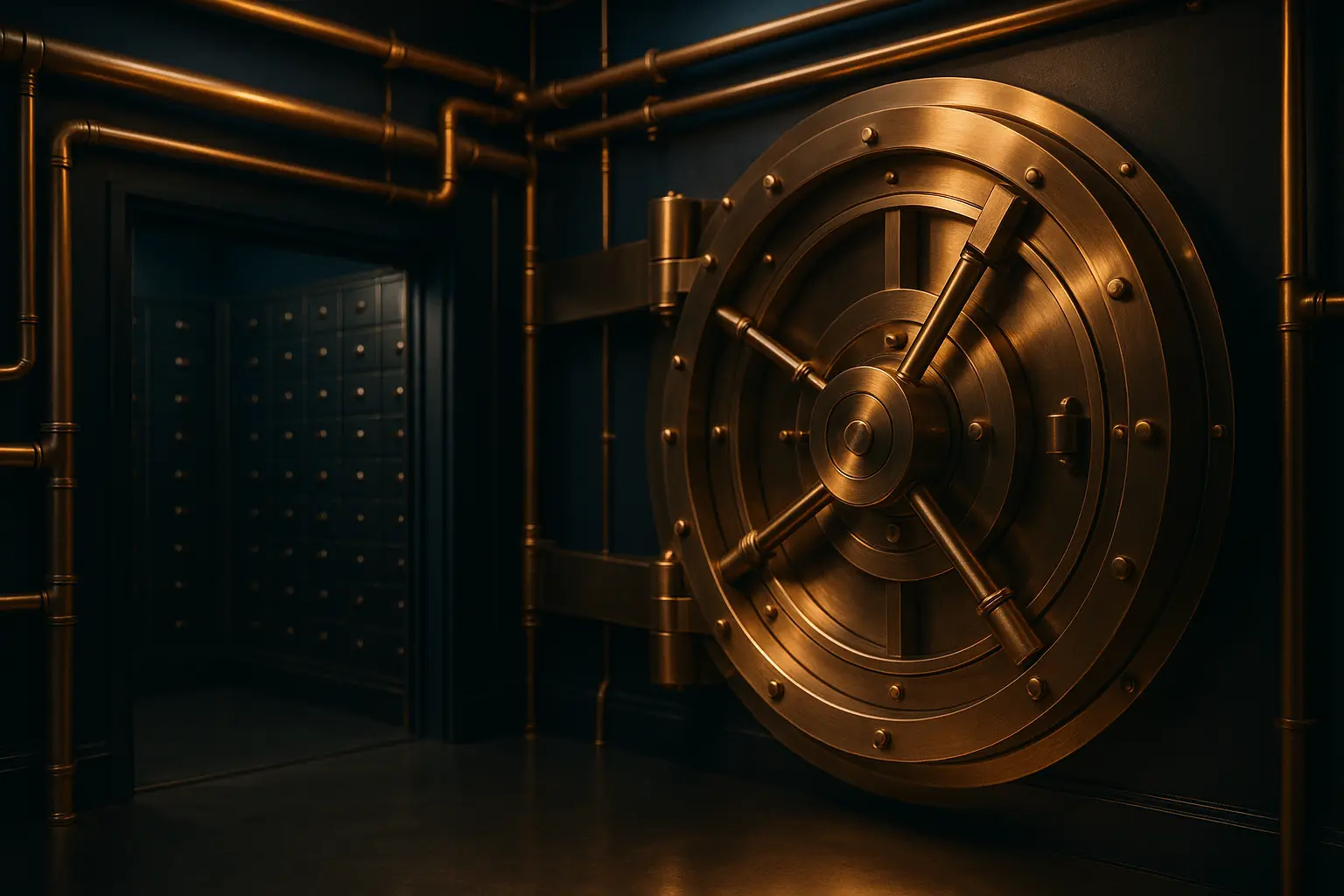 Copper vault interior with circular metal geometry
